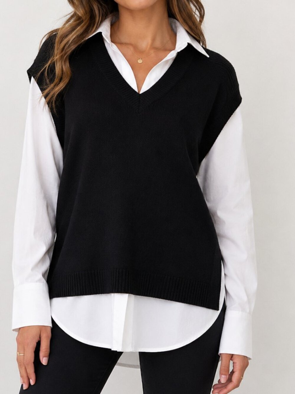 Elan Black Sweater Vest Layered White Collared Blouse Size Medium